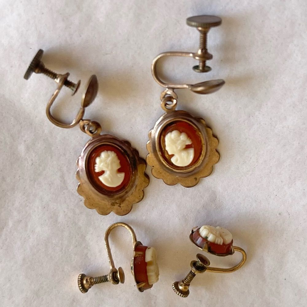 Vintage Celluloid Cameo Screw Back Copper Alloy Earrings - Picture 14 of 16